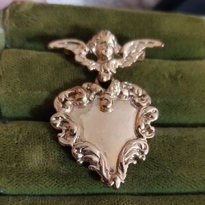 Vintage Goldtone Angel Heart Charm Brooch Pin 2"
